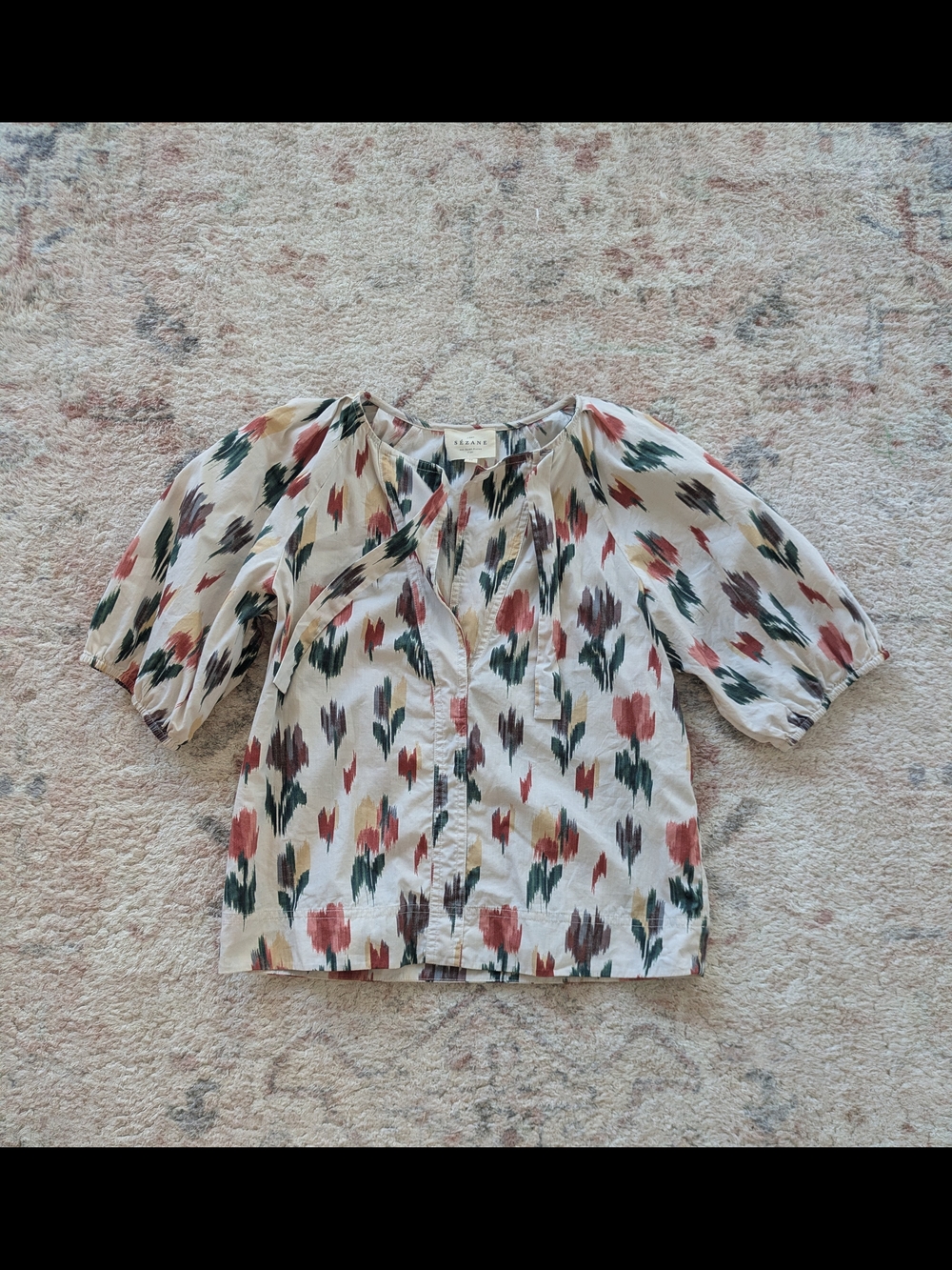 Sezane Cream Tulip Print Blouse 100 Per Cent Organic Cotton